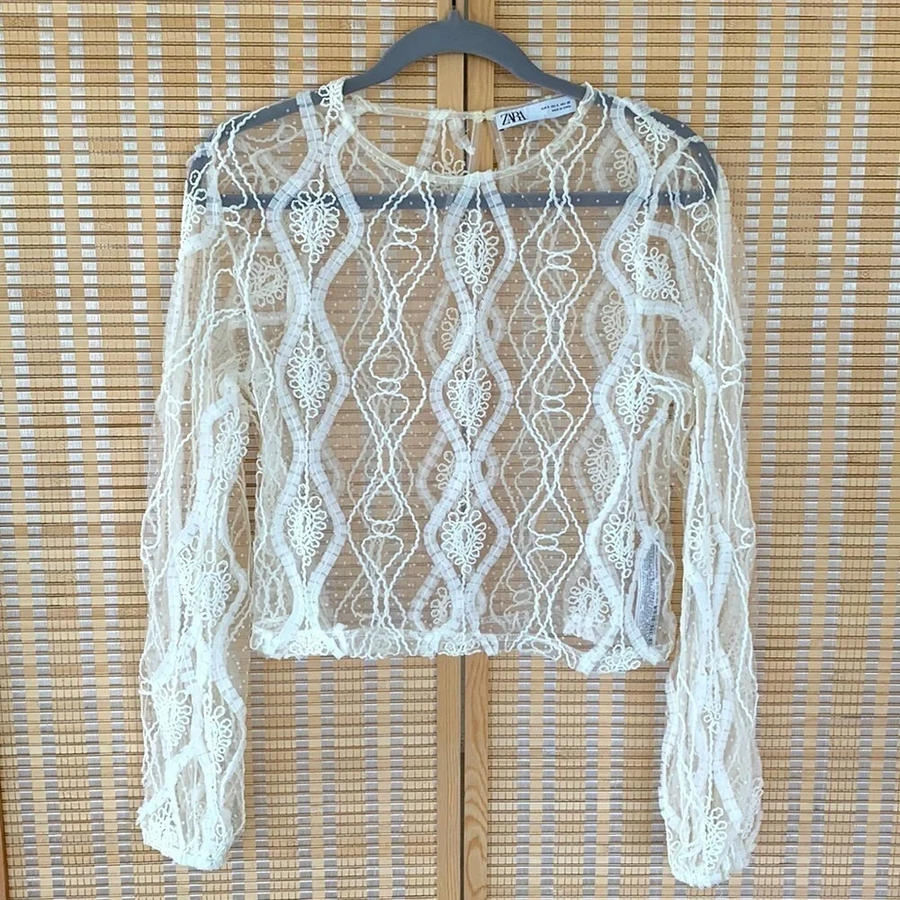 Zara white sheer lace boho long sleeve top, size Small